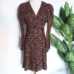 Bardot Black Red Ditsy Floral Lyocell Juliette Long Sleeve Belted Mini Dress XS